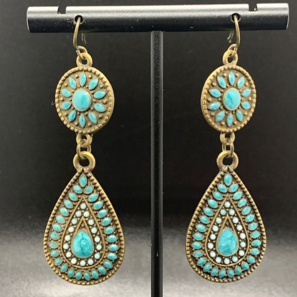 Brass Tone Turquoise Enamel Southwestern Dangle Earrings 2.75" - Picture 1 of 2